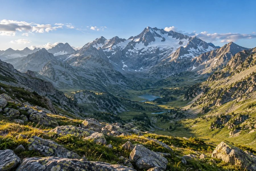 Ilustración generada por IA de un valle verde de los Pirineos con un lago de montaña y cumbres nevadas.