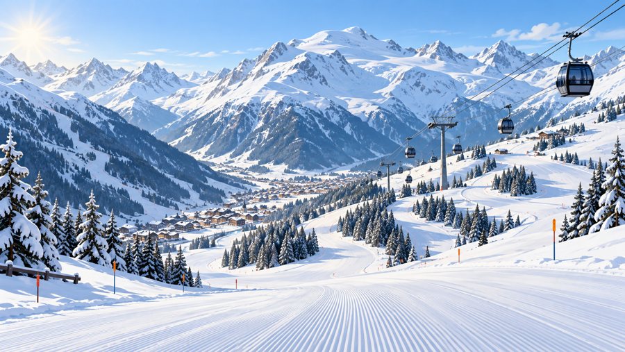 Ilustración generada por IA de una zona de esquí nevada en Ötztal, con pistas y teleféricos.