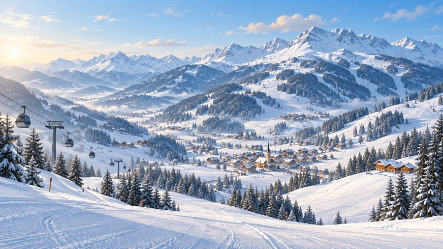 Ilustración generada por IA de una zona de esquí nevada en los Alpes de Kitzbühel, con remontes y un pueblo en el valle