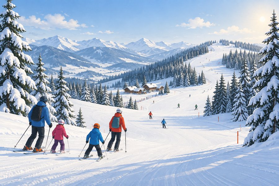 Ilustración generada por IA: una familia esquía por una pista amplia y suave en las montañas nevadas.