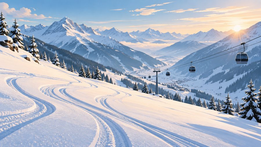 Ilustración generada por IA de un valle nevado con pistas y teleféricos para la guía de Ischgl.